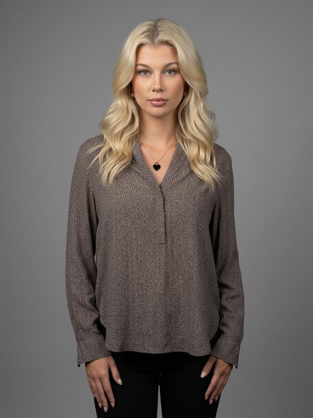 Carole Little Taupe Textured V-Neck Long Sleeve Blouse